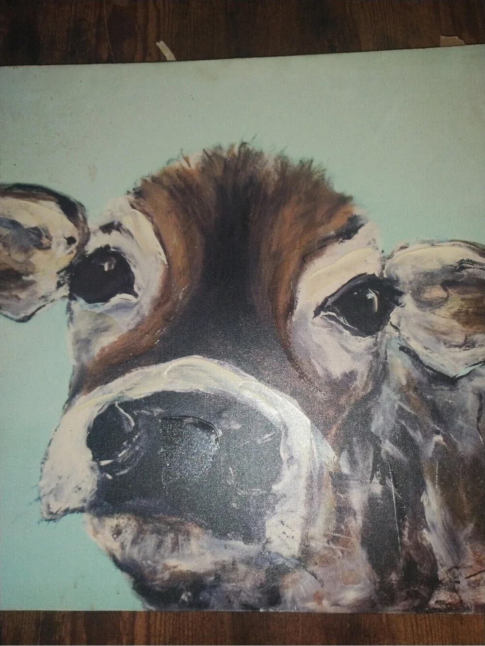 Hand Painted Cow Canvas Wall Art Sweet Jersey Cow Portrait Mint Green Background